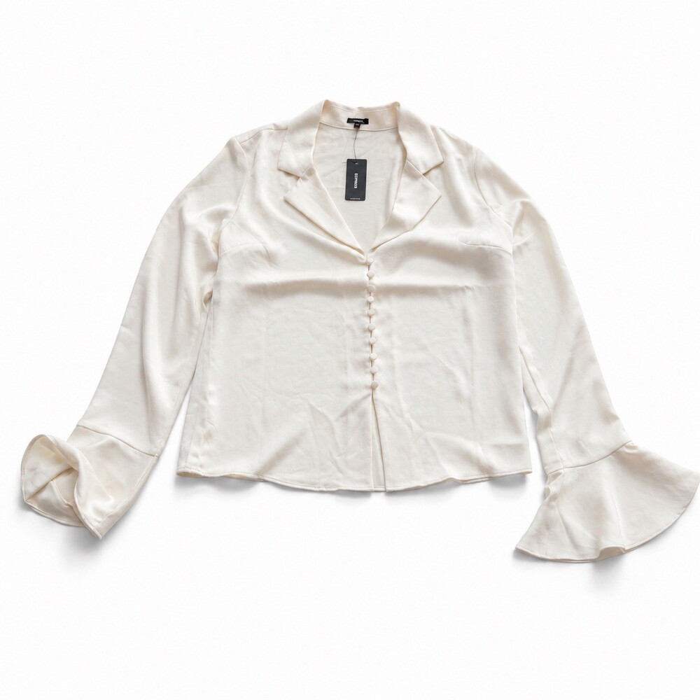 Express Women’s Satin Button Front Blouse Ivory Bell Sleeve Size Small NWT